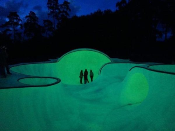 Rumor has it, the island of Vassivière in France used to be used for Uranium mining. Perhaps that has something to do with this ominous green glow of the new skateable art project.