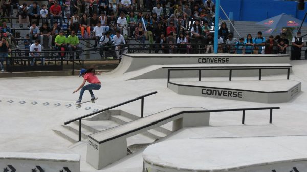 Peruvian chica blasts an ollie over the stairs in the street course.  Photo: Mantra Skateshop