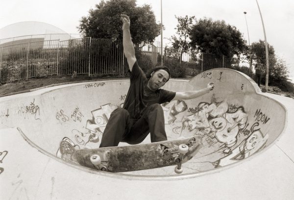 Skate photo of the trip was with my old Nikon F4 film camera. Johnners. Frontside grinding the big round bowl at Park Radical. Photo: J. Hay