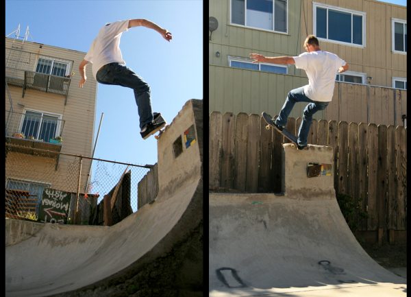 Two angles of Israel Forbes frontside pivot on the vert extension.