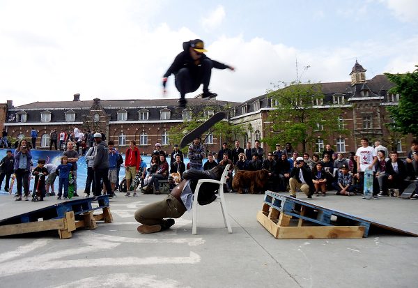 Kickflipping the big black dude gap.   Photo: Pauline Miller