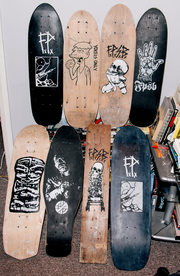 Stenciled, screened, hand drawn and hand cut. Face Plant Skateboards (F.P.S.B)