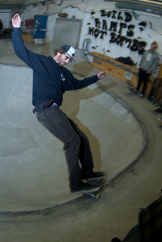 Birthday Boy Baum. Frontside grinding the shallow end.
