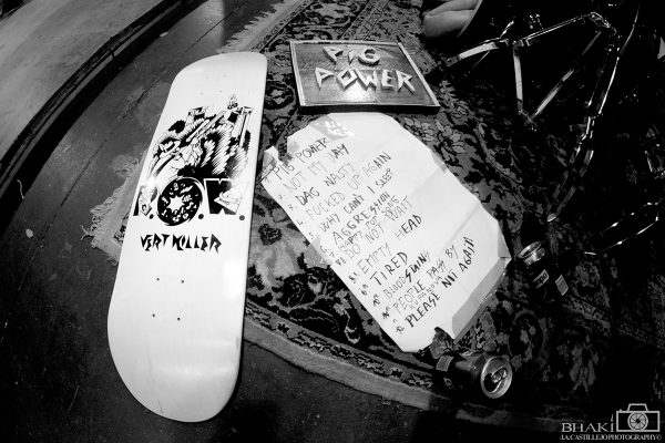 R.O.W. Skateboards, hand made Pig Power sign and Pigpower set list.