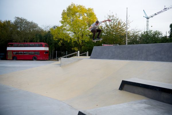 Rohan turning on his street game with an ollie from the deck of the big bowl into the street course bank. 