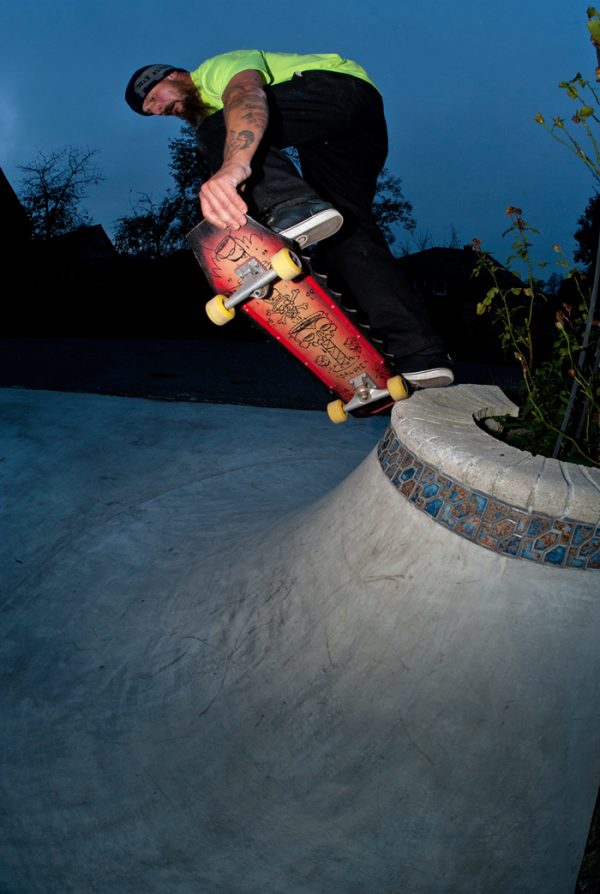 Matt Grabowski. Heelblock on the Sam Hitz blader hater board created in 2005, skated in 2014, on Matt's garden volcano he built between building the sickest skateparks around Germany. 