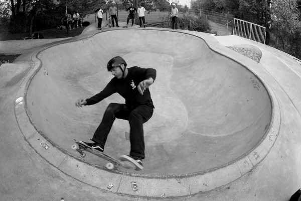 Dietches. Frontside grind the shallow deepend of the Owl Bowl.  Photo: J. Hay