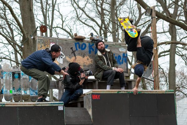 Behind the scenes. Zach Cusano and the film photographers. Photo: Tim Torchia