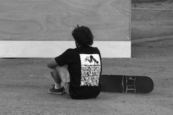 Ale in the Blk/Mark skeleton skate tee checking out the full pipe.